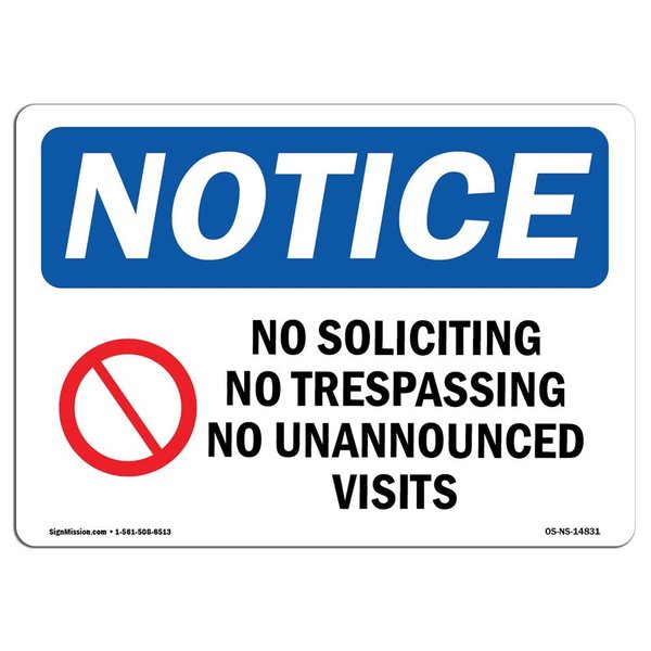 Signmission OSHA Notice Sign, 12" Height, 18" Width, No Soliciting No Trespassing Sign With Symbol, Landscape OS-NS-D-1218-L-14831